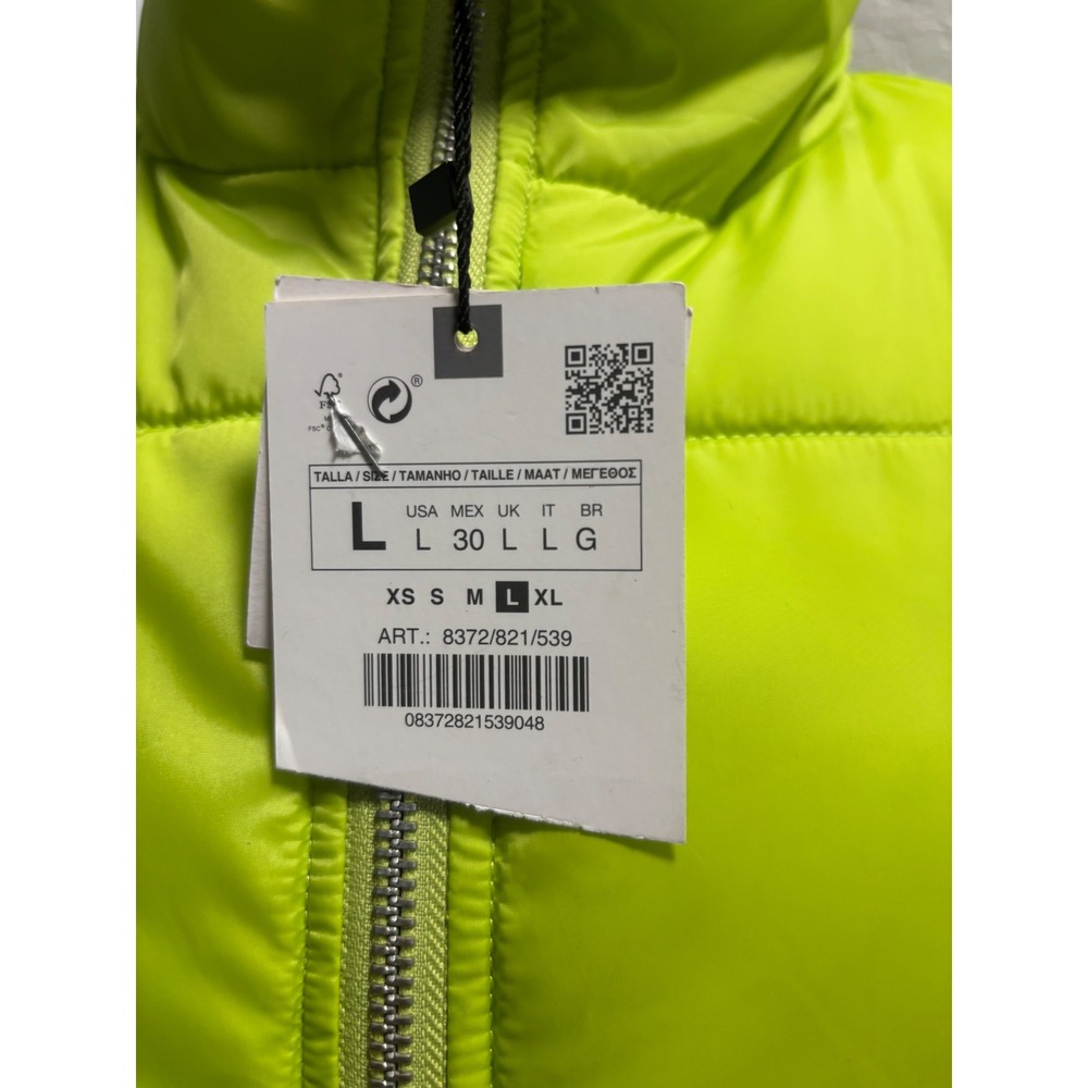 Zara Neon Lime Green Puffer Vest Water Repellent Wind Protection NWT Large - Picture 3 of 6